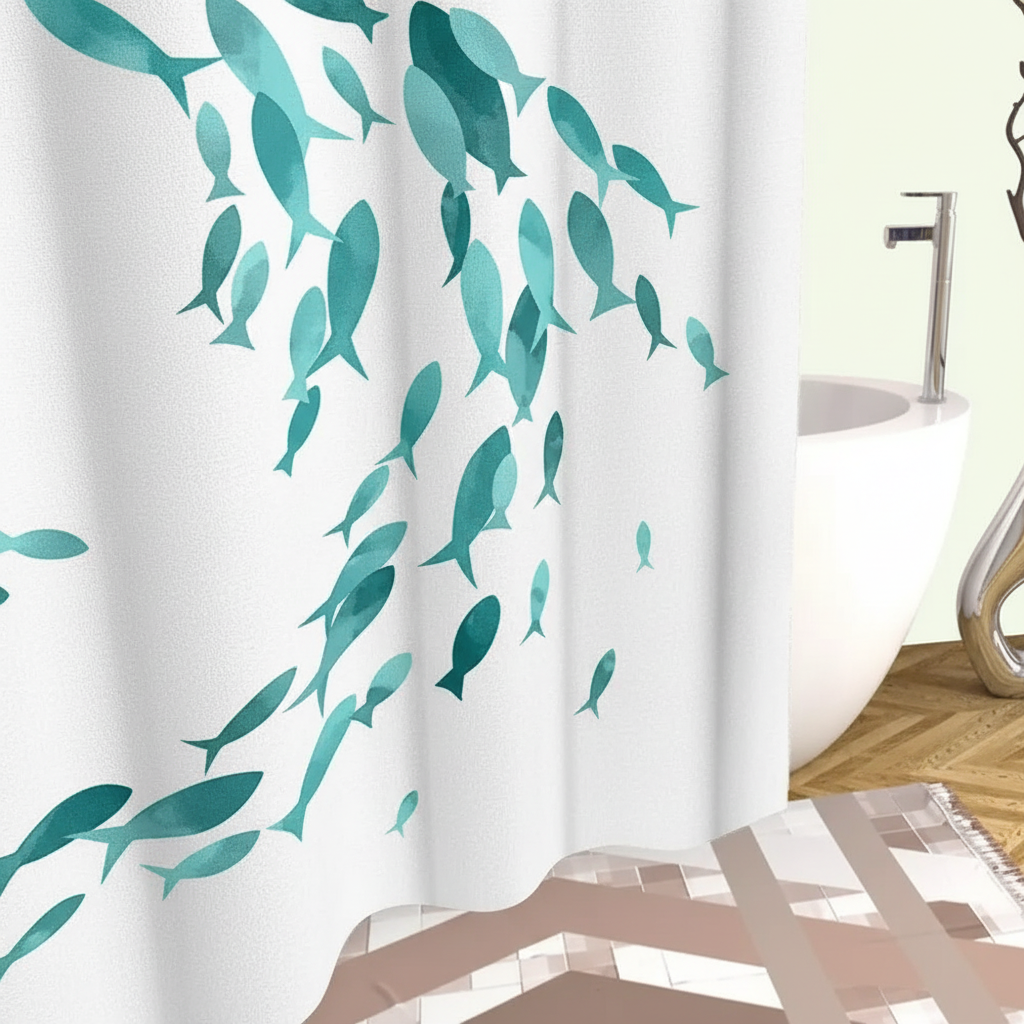 Fabric shower curtain in turquoise with playful fish pattern, perfect for nautical bathroom.
