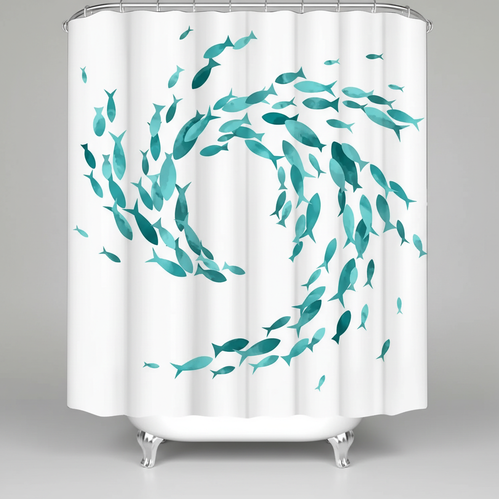 Durable washable fabric shower curtain in turquoise with fish design, water repellent, and hooks.