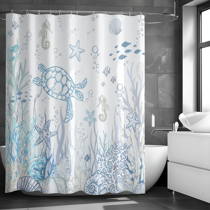 TurtleGuard waterproof shower curtain with large marine turtle design, ocean theme decor