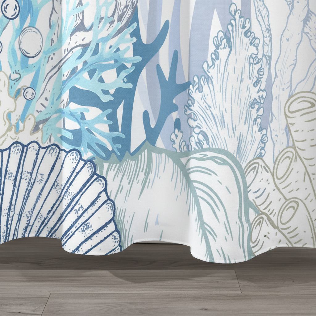 Close-up of TurtleGuard shower curtain fabric, showing waterproof quality and turtle pattern