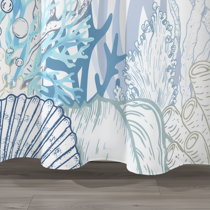 Close-up of TurtleGuard shower curtain fabric, showing waterproof quality and turtle pattern