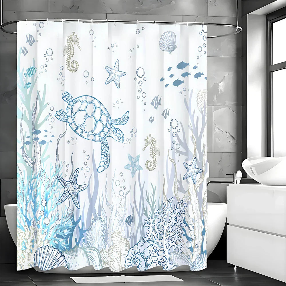 Full view of an ocean-themed bathroom featuring TurtleGuard shower curtain with turtle graphic