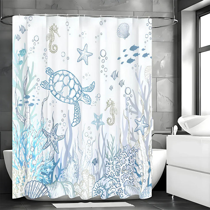 Full view of an ocean-themed bathroom featuring TurtleGuard shower curtain with turtle graphic