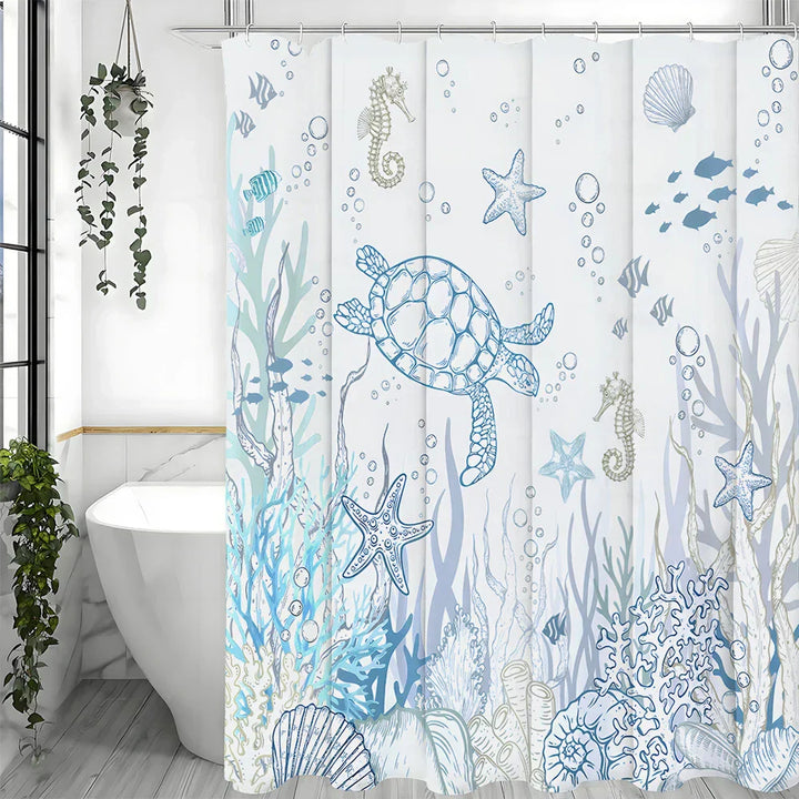 TurtleGuard shower curtain, durable polyester, easy install for modern ocean bathroom decor