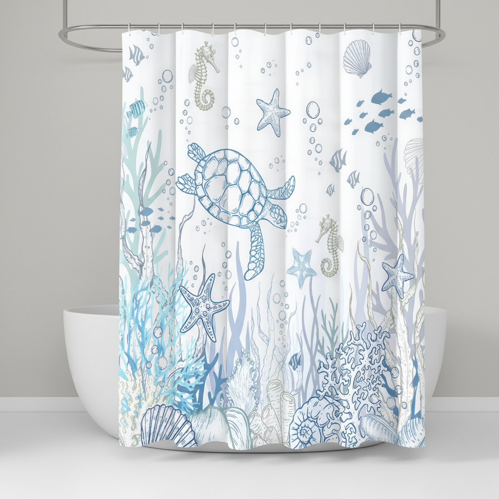 Detail of a vibrant green sea turtle on the TurtleGuard waterproof shower curtain