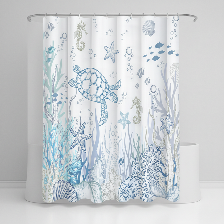Bathroom interior highlighting the TurtleGuard marine-themed shower curtain as home decor