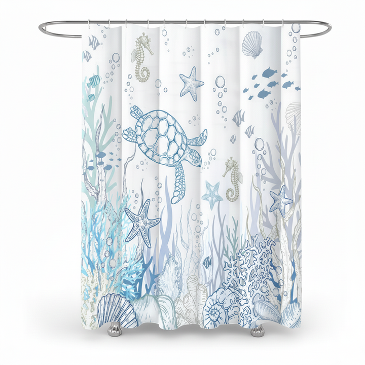 Wrinkle-resistant polyester TurtleGuard shower curtain with a stylish turtle design, unisex