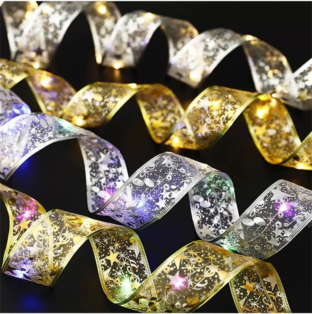 Decorative LED TwinkleRibbon lights, sparkling Christmas tree decoration. Ambient festive lighting.