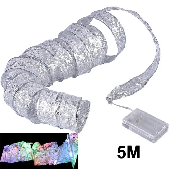 TwinkleRibbon Christmas tree lights, sparkling festive seasonal decor. Enhance home accents.