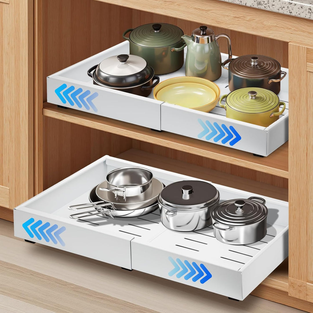 Two black carbon steel pull-out cabinet drawers for kitchen storage, side view