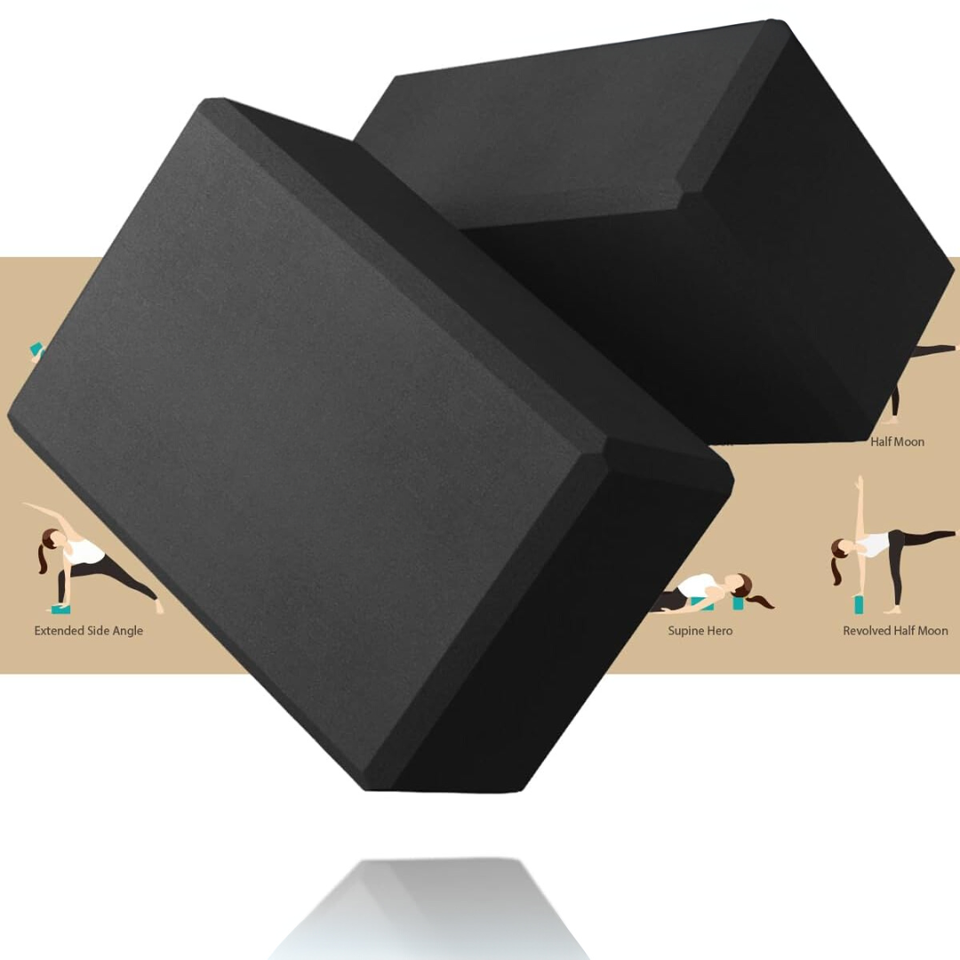 Yoga & Pilates foam blocks, high-density EVA, 2-pack for stability, support, and flexibility during exercise sessions.