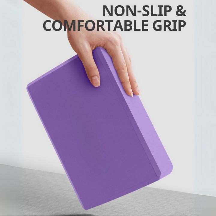 Firm high-density EVA foam yoga blocks, 2-pack. Provides reliable support for challenging yoga and Pilates poses.
