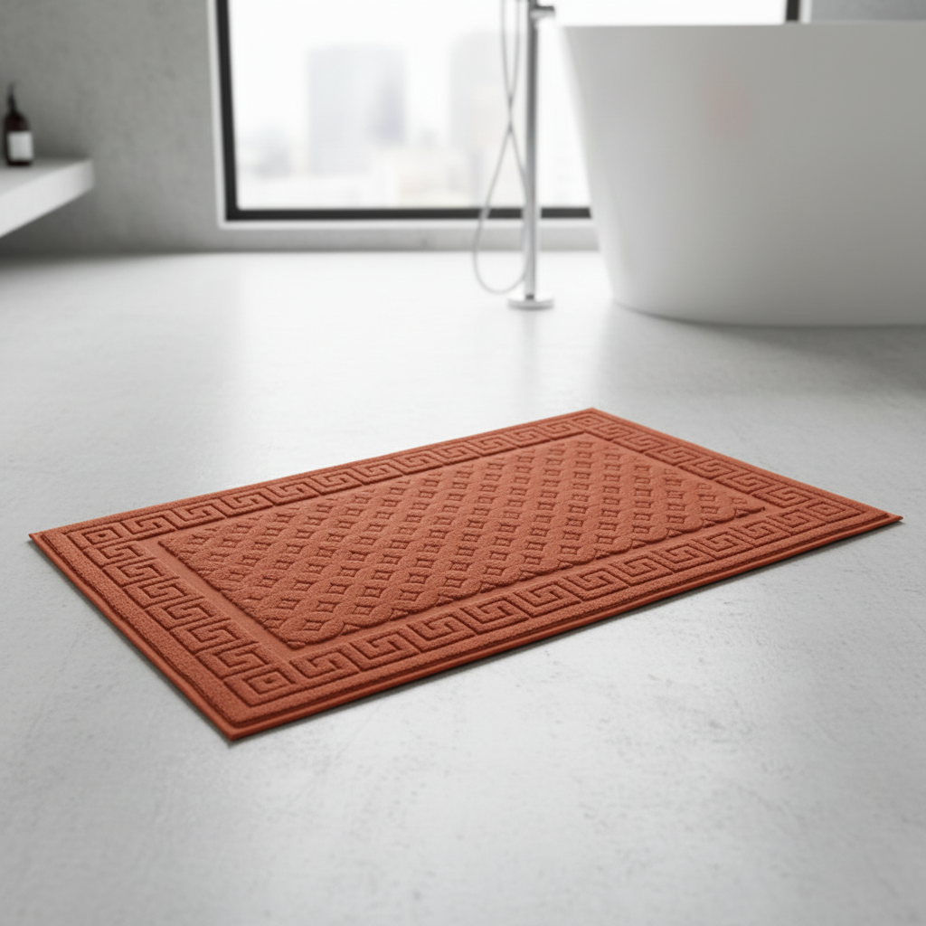 Two-piece rectangular bath mat set in cotton with geometric pattern, absorbent and soft for bathroom decor