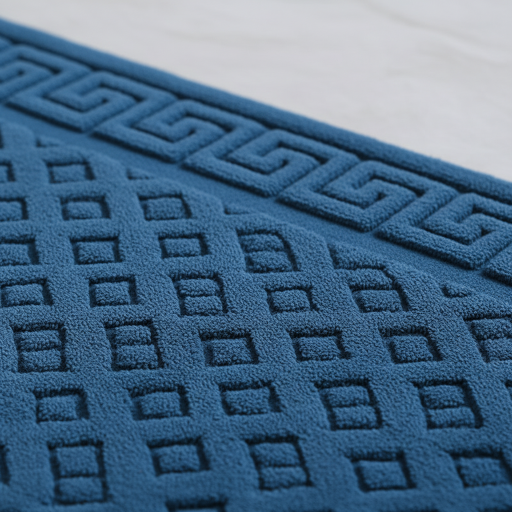 Unisex rectangular bath mat set, two absorbent cotton mats with modern geometric pattern for bathroom