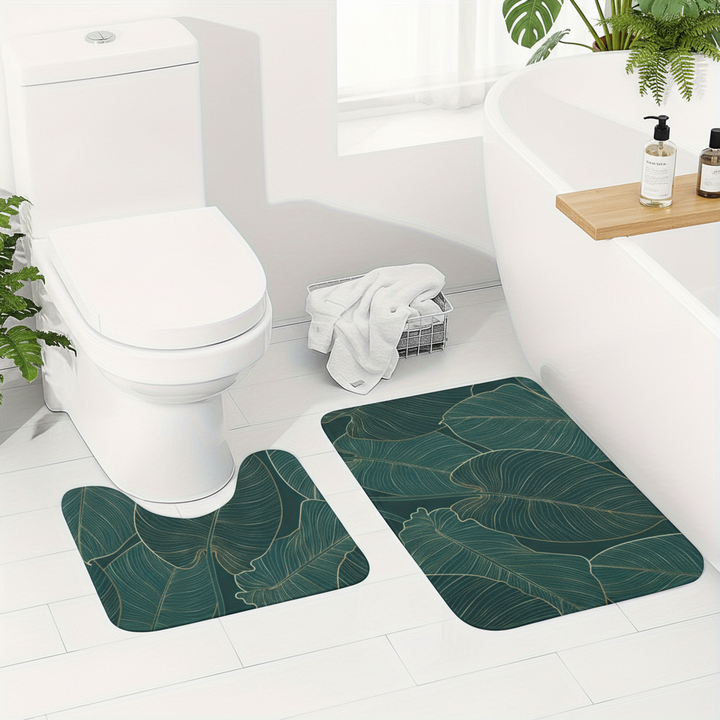 Two-piece tropical microfiber bath mat set for a stylish and non-slip bathroom decor