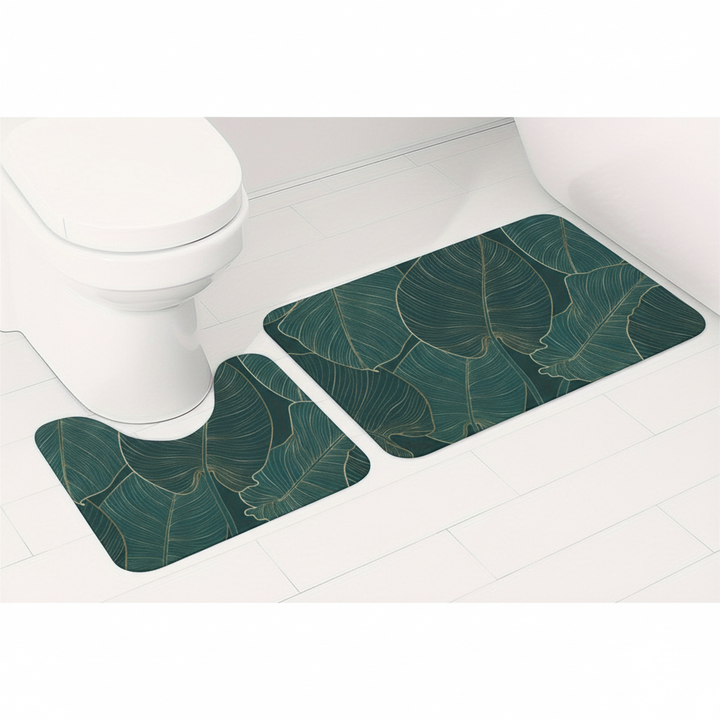 Soft microfiber bath mat set with vibrant tropical print, machine washable and non-slip