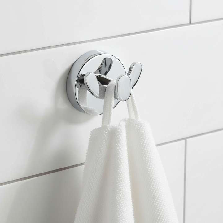 Two water-resistant stainless steel suction hooks on a white tile, ideal for bathroom or kitchen organization.