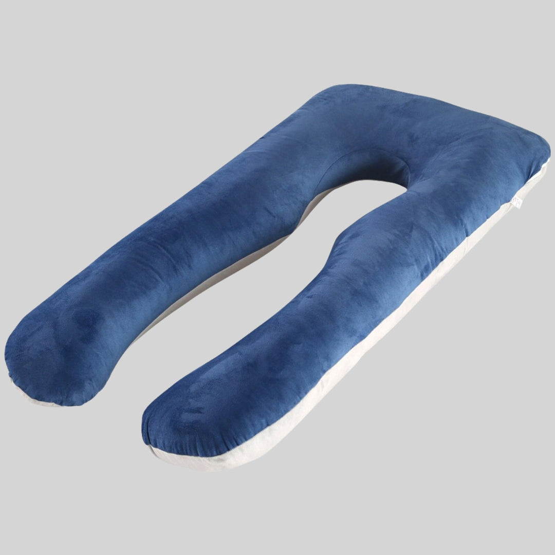 White U-shaped pregnancy body pillow with cotton cover for expecting mothers.