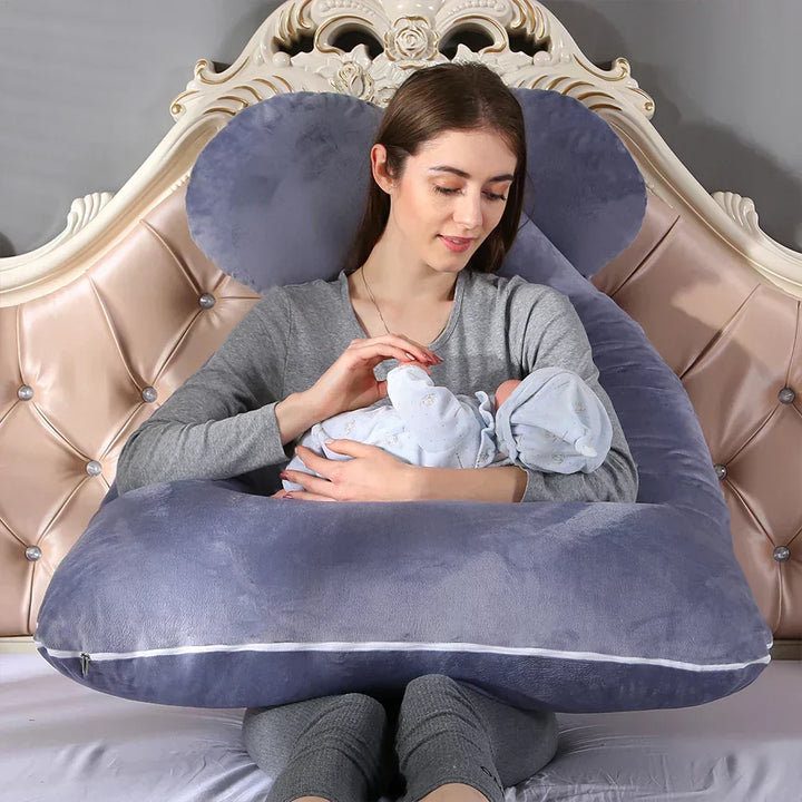 Maternity support U-pillow for expecting mothers, eases pain & ensures comfort.