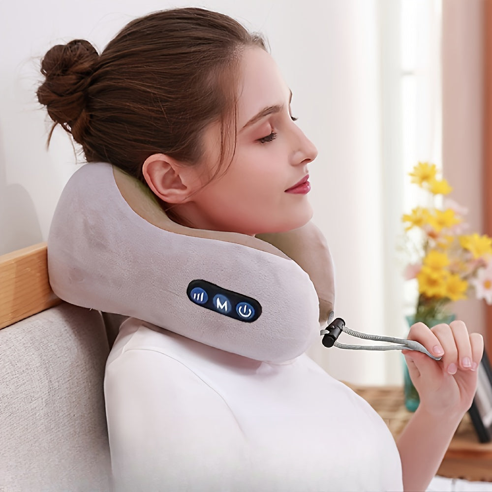 U-shaped memory foam neck pillow with USB heating for ergonomic comfort and neck pain relief.