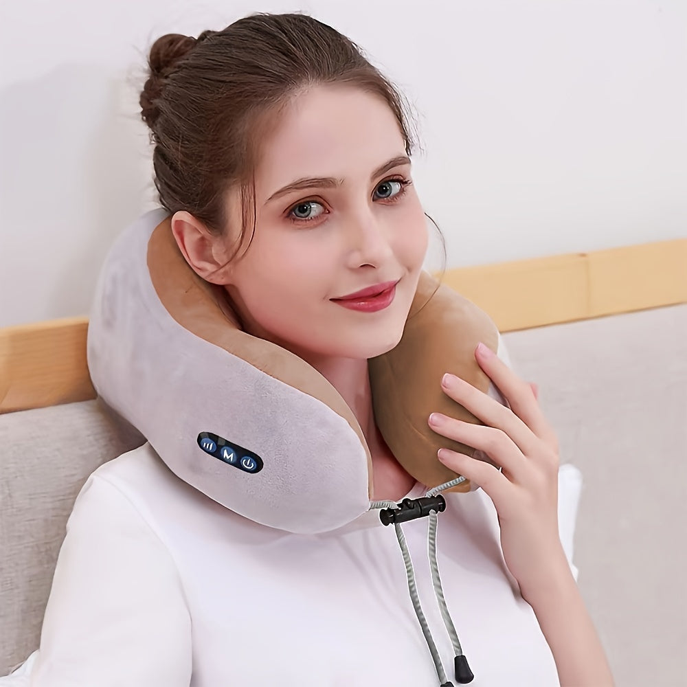 Heated U-shaped memory foam travel pillow for neck support, comfort & relaxation on long journeys.