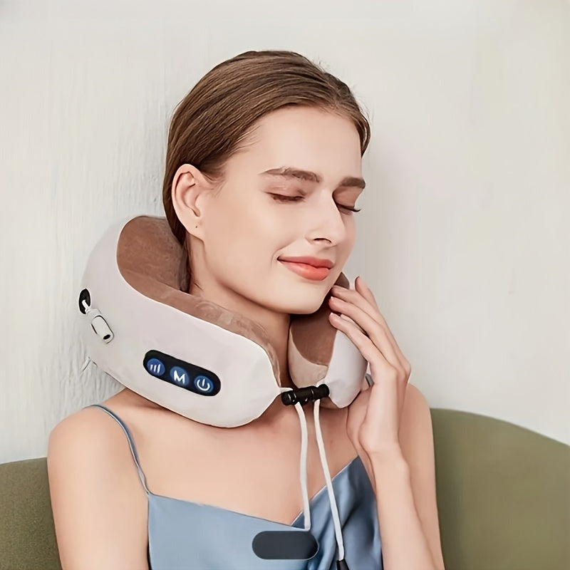 Soft memory foam U-shaped neck pillow with USB heating for ultimate neck support & stress relief.