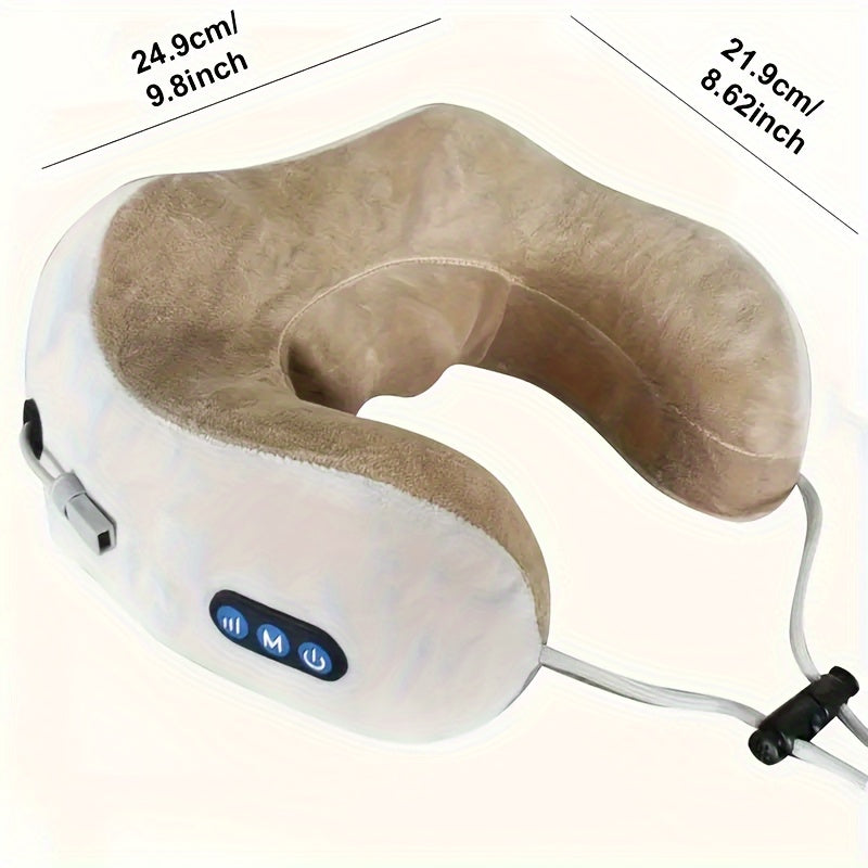 Portable U-shaped memory foam neck pillow with USB heating, offering ergonomic neck support & pain relief.
