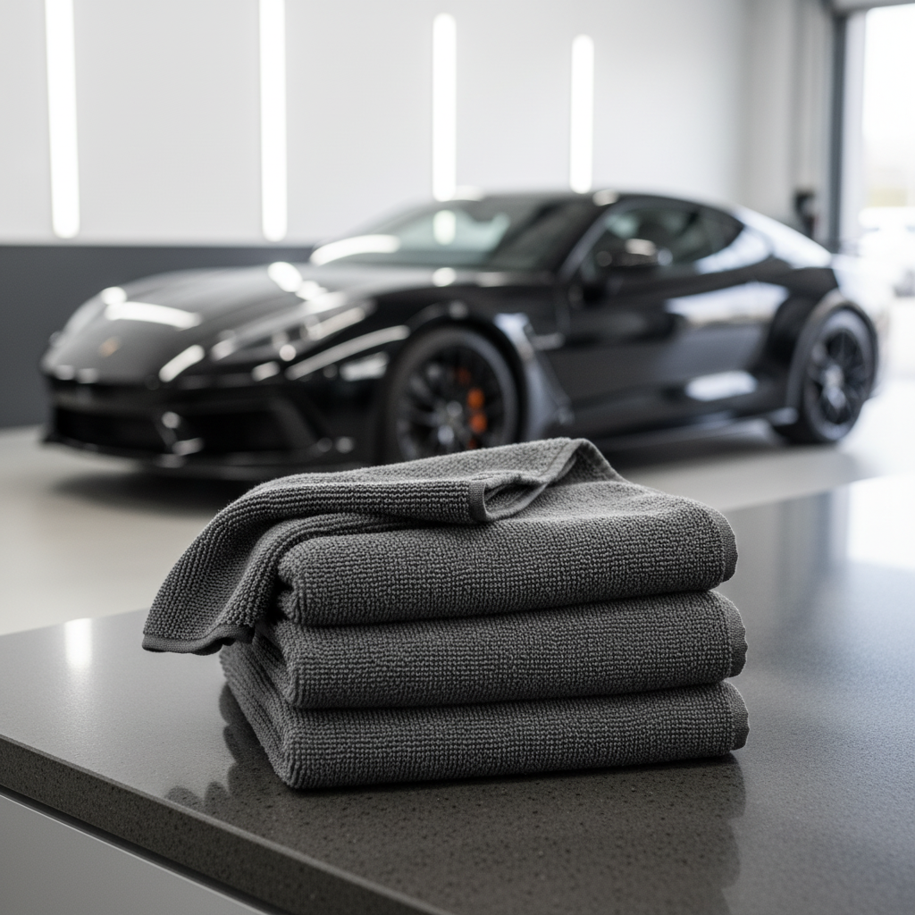 Ultra-absorbent microfiber drying cloth for streak-free car detailing and home cleaning, DryMaxPro brand.