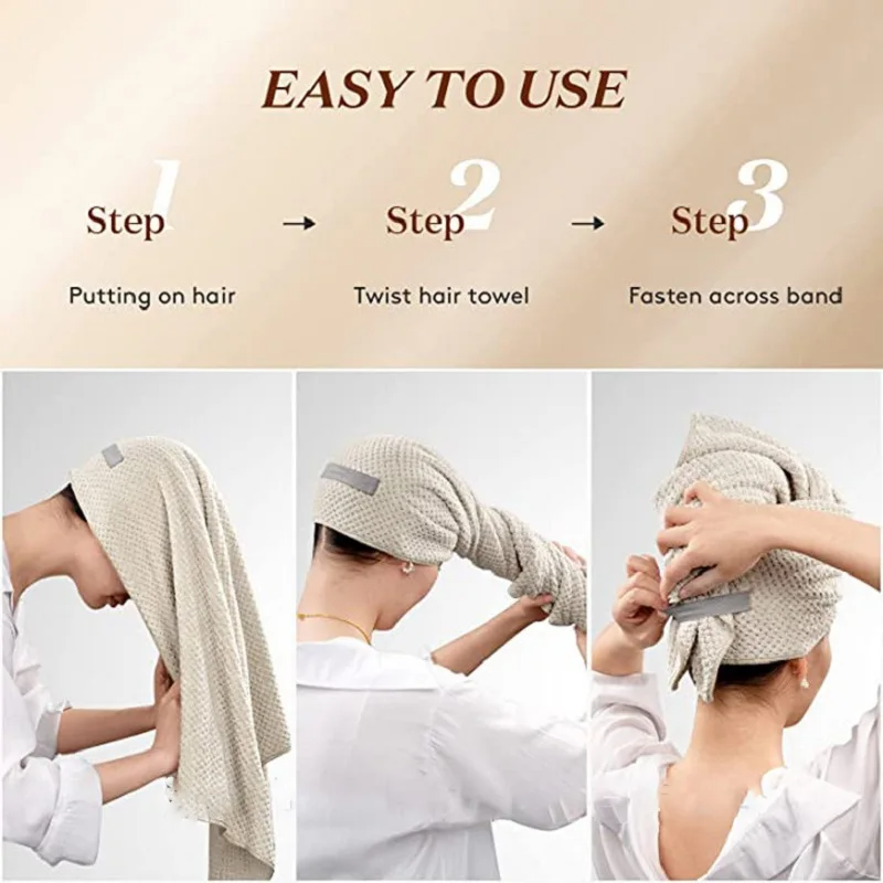 Woman wrapping wet hair with a soft, quick-dry microfiber hair towel to prevent frizz.