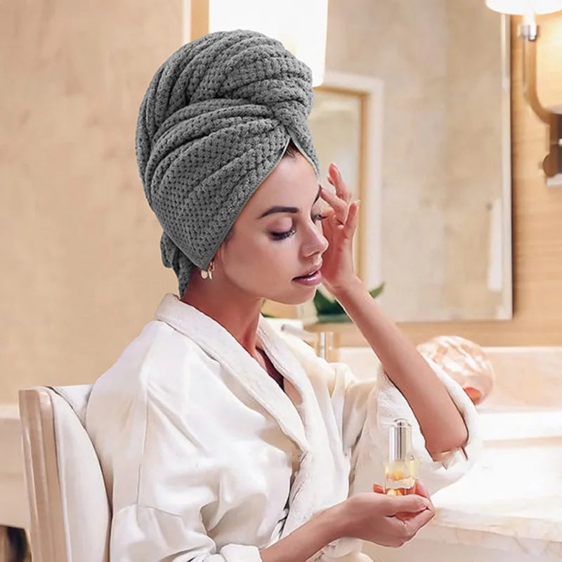 Stylish bathroom accessory: an ultra-soft microfiber hair towel, perfect for daily hair care.