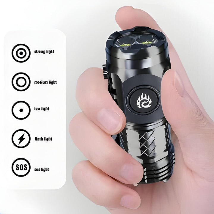 Unisex ultra-bright mini LED flashlight, 5 modes. Durable portable light for camping, hiking & outdoor adventures.