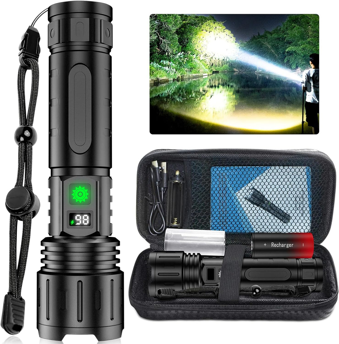 Ultra bright tactical LED flashlight with powerful beam for outdoor adventures and emergency use.