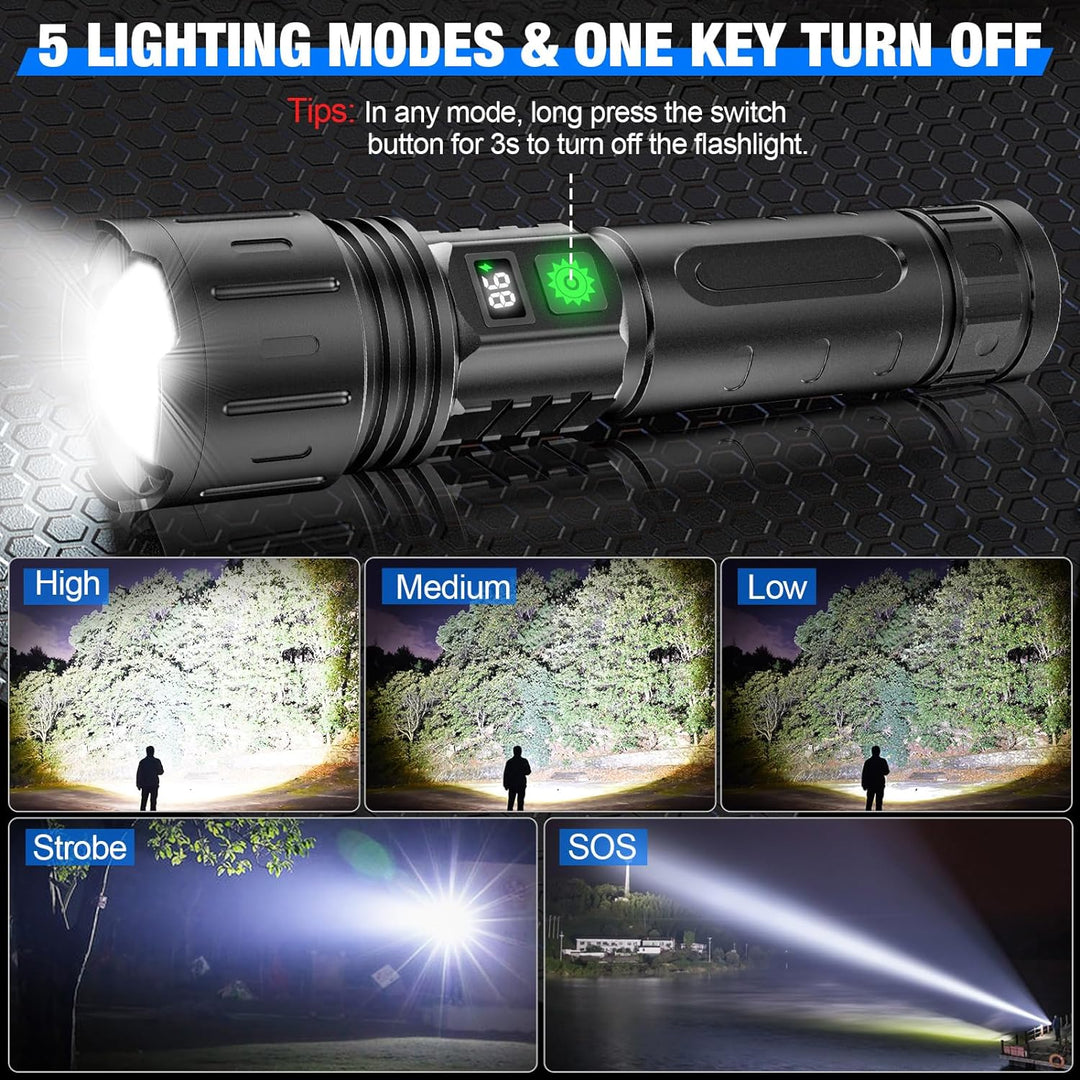 Rechargeable LED flashlight with power bank function, essential for emergencies and outdoor excursions.