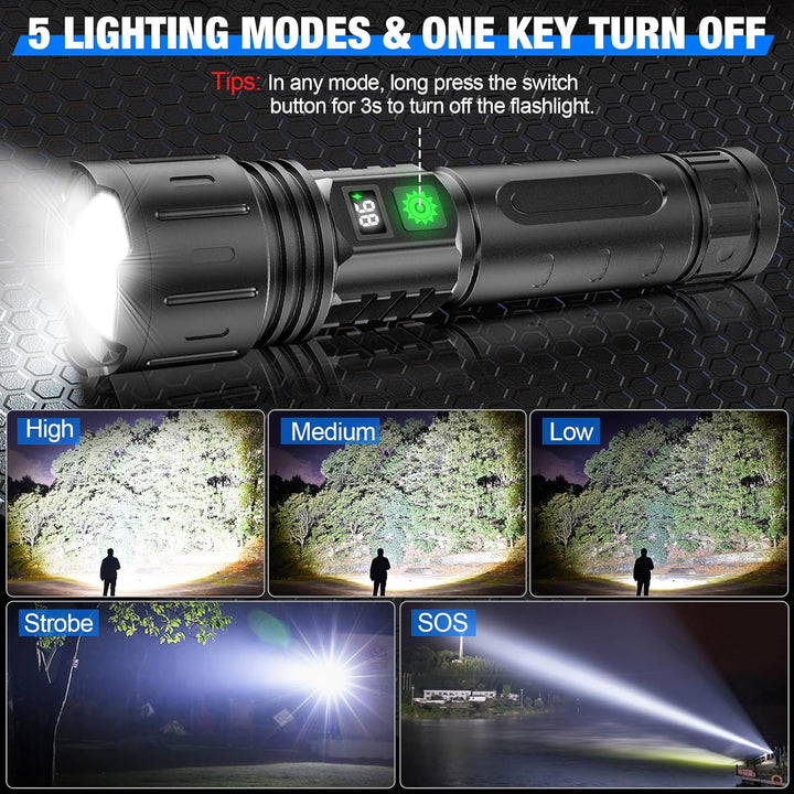 Rechargeable LED flashlight with power bank function, essential for emergencies and outdoor excursions.