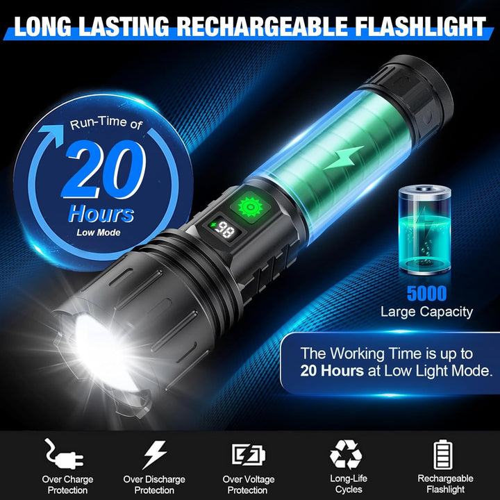 Compact and robust tactical flashlight, waterproof and shock-resistant for all-weather outdoor survival.