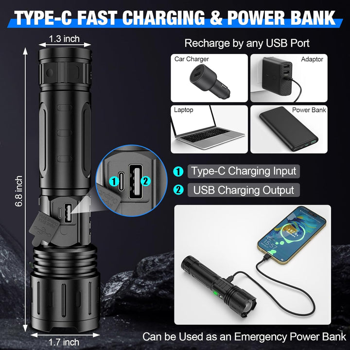 Versatile bright LED flashlight, ideal for camping, emergency kits, and everyday tactical use.