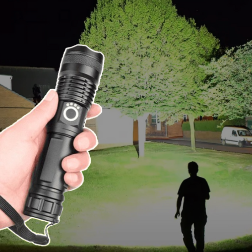 Ultra Bright XHP50.2 LED tactical flashlight, rechargeable for outdoor camping & emergency use.