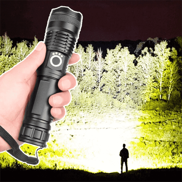 Rechargeable XHP50.2 LED flashlight, ultra bright & tactical for hunting, camping, and outdoor adventures.