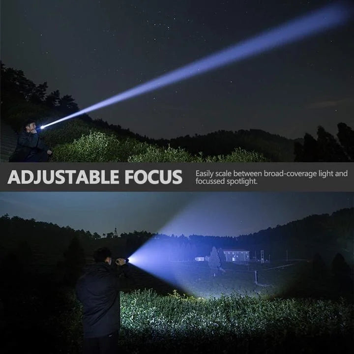 Durable rechargeable tactical flashlight, XHP50.2 LED, ultra bright for camping, outdoor, and emergency.