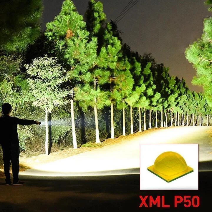 Ultra bright XHP50.2 LED tactical flashlight, powerful & rechargeable for camping, hunting, and outdoor use.