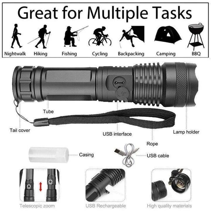 Rechargeable XHP50.2 LED flashlight, ultra bright tactical gear for emergency, camping, and outdoor safety.