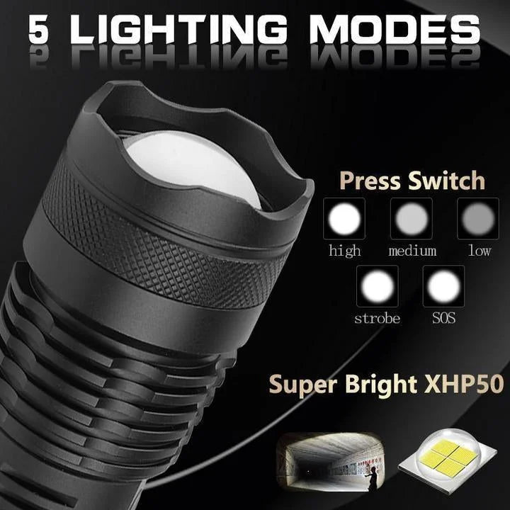 Powerful XHP50.2 LED tactical flashlight, rechargeable & ultra bright for all your outdoor and emergency needs.
