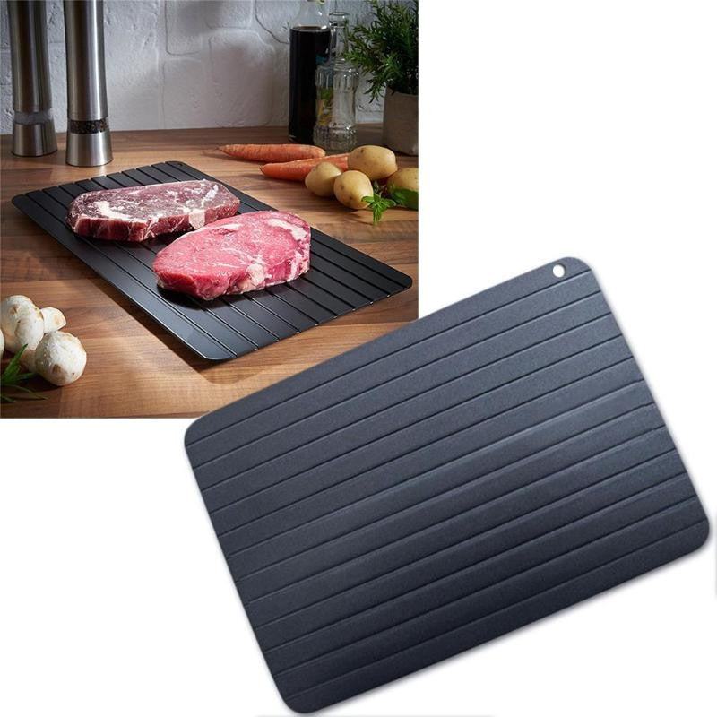 Ultra-fast defrosting tray for frozen meat, chicken & seafood. Quick thaw aluminum kitchen tool for meal prep.