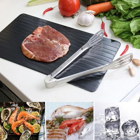 ThawMaster quick defrosting tray for frozen steak, chicken, & shrimp. Essential kitchen tool for fast meal prep.