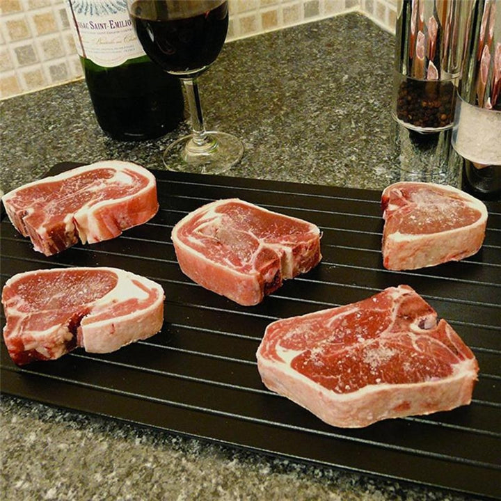 Efficient ThawMaster defrosting tray for frozen meats & seafood. Speeds up thawing naturally, saving time in kitchen.