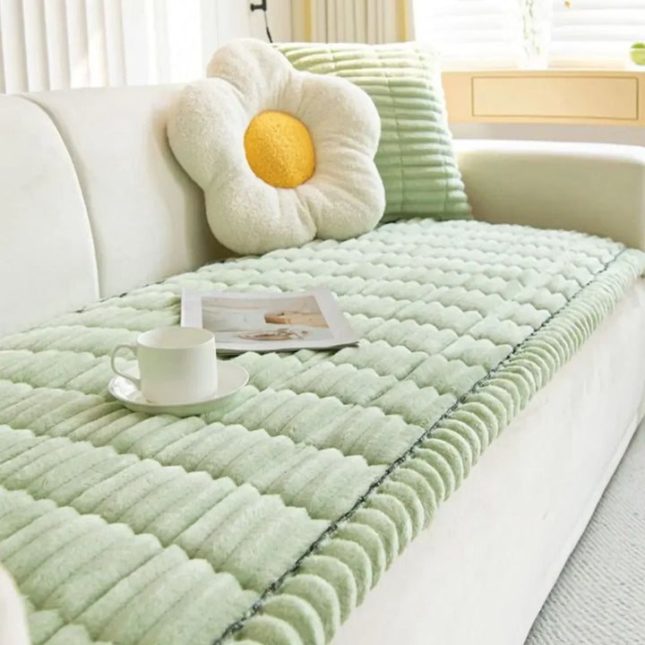 Soft, modern plush sofa cover, perfect for winter warm comfort. Transforms your couch for a cozy home feel.
