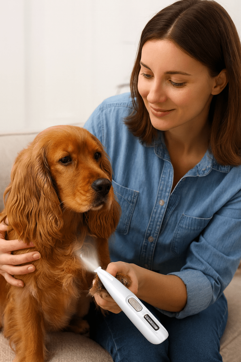 Rechargeable cordless pet trimmer with ceramic blades & LED light for gentle dog & cat grooming at home.
