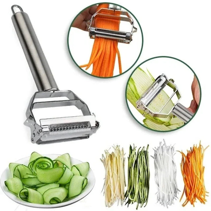 Ultra sharp stainless steel multi-function peeler & julienne cutter for vegetables, potatoes, and carrots.