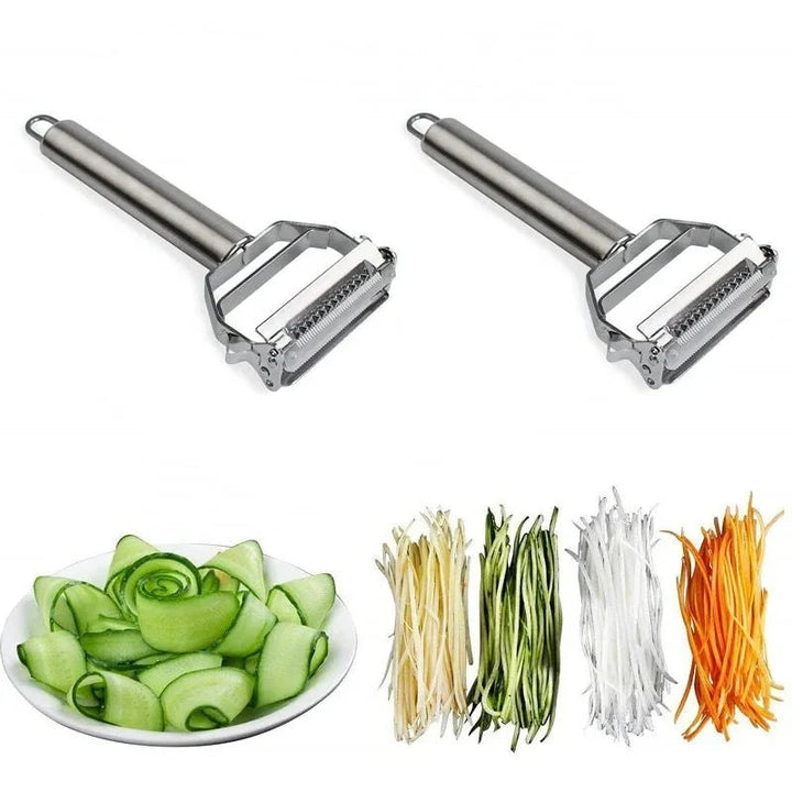 Stainless steel vegetable peeler and julienne cutter, perfect for potatoes, carrots, and other veggies.