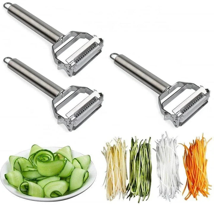 Ultra sharp stainless steel peeler for quick veggie prep, doubles as a julienne cutter and potato grater.
